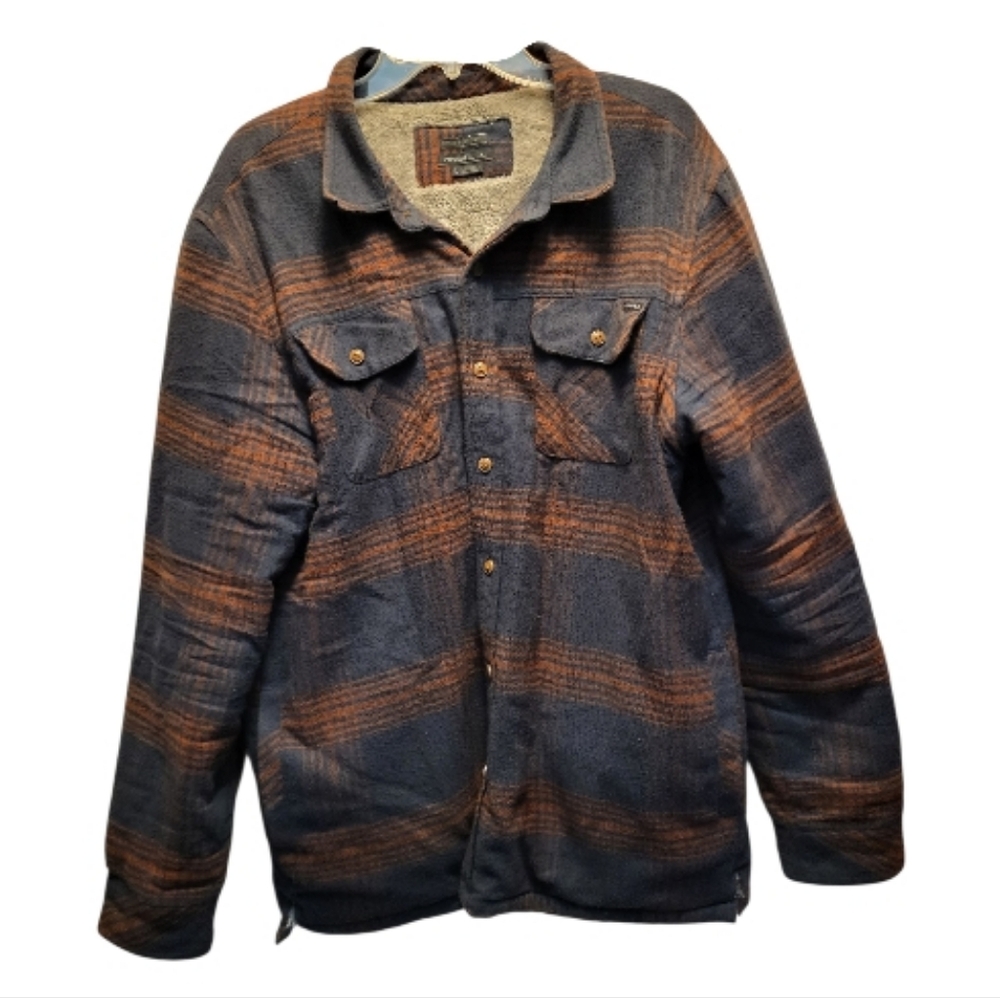 O'Neill Navy and Rust Plaid Classic Fit Redmond Sherpa Shirt Jacket - Size L